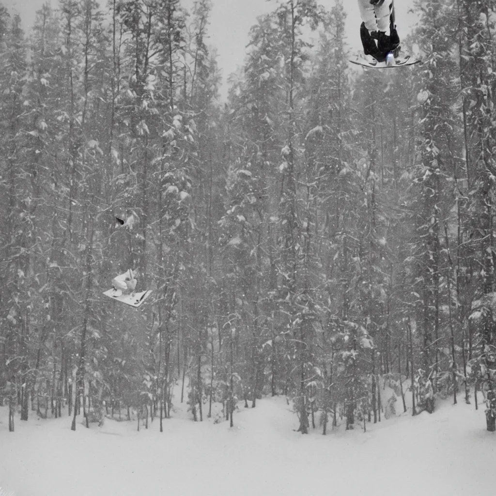 Prompt: world's first photo of ski - jumper flying thru air from a jump, spruce forest surroundings, snowy atmosphere, cold, winter, 1 9 1 3, finland