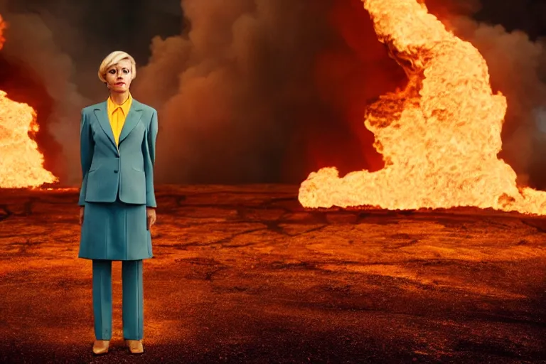 Image similar to a moody photograph of a confident caucasian woman in her 6 0's with short blonde hair wearing a tailored yellow suit standing against a backdrop of the planet earth engulfed in flames. photograph by annie leibowitz, cinematic lighting, sci fi, futuristic