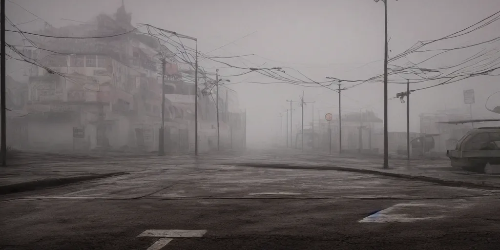 Image similar to silent hill in real life, desolate town, empty streets, nightmarish, some rusted retro futuristic parked cars, overcast, blankets of fog pockets, rain, volumetric lighting, beautiful, night time, autumn, sharp focus, ultra detailed, cgsociety