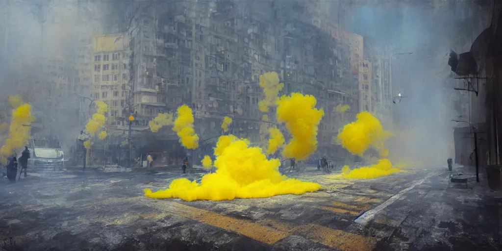 Image similar to kiev city streets covered in yellow and blue smoke, by jeremy mann, by kim keever