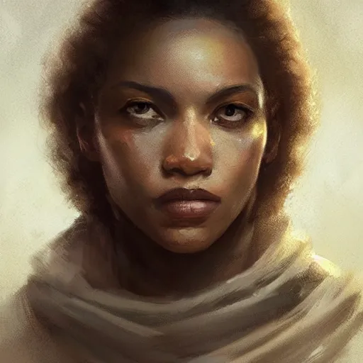 Image similar to portrait of a woman by greg rutkowski, youn jedi knight, black, afro hair, prettt, star wars expanded universe, she is about 2 0 years old, wearing jedi robes, highly detailed portrait, digital painting, artstation, concept art, smooth, sharp foccus ilustration, artstation hq