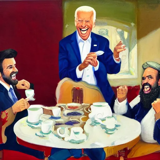 Image similar to a painting of joe biden laugh in tea party with taliban, ultra detailed content : face, gesture, body, mimic. random position content, frontal realistic, sharp focus, intricate, dynamic composition, 2 colors, delete duplicate contents.