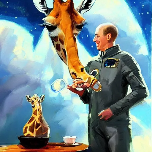 Image similar to a giraffe dressed like an astronaut drinking tea with queen isabel, trending on artstation, art by greg manchess, guangjian, detailed digital art, artstation hd