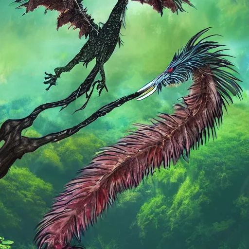 Image similar to a feather dragon with wings spread out and an open mouth flying over high cliffs and jungles with large trees and vines, fantasy, 8k, realistic