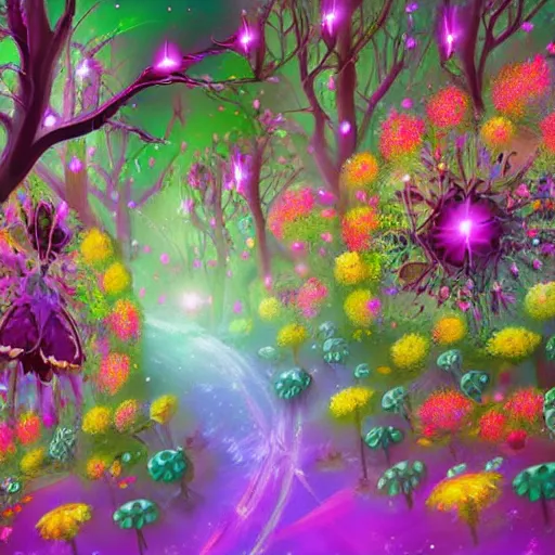 Prompt: colorful, flowery enchanted forest being torn apart by nanobots, by justin totemical, fantasy