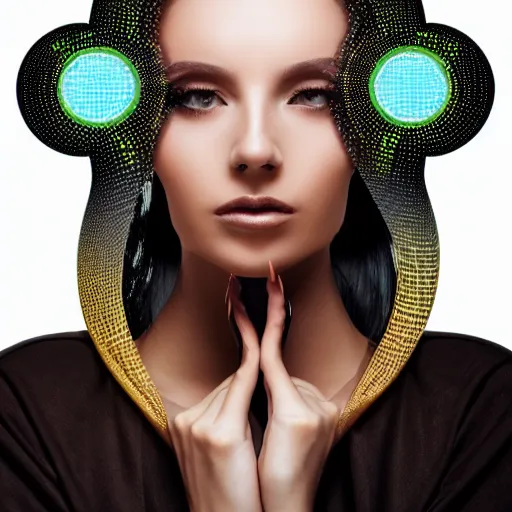 Image similar to portrait of a beautiful futuristic woman layered with high-tech jewelry wrapping around her face and head, 2048