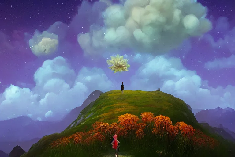 Image similar to giant dahlia flower as a head, girl walking on mountain, surreal photography, stars, dramatic light, impressionist painting, storm clouds, digital painting, artstation, simon stalenhag