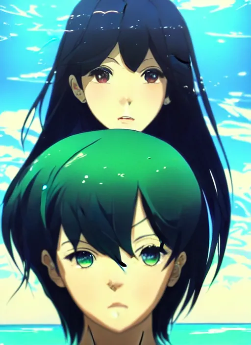 Image similar to makoto shinkai, artgerm, ilya kuvshinov, beautiful anime women with green dress, long blue hair, water powers water swirling, symmetrical face, symmetrical eyes, detailed, beach setting, cinematic lighting