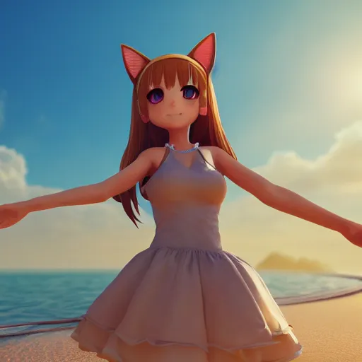 Prompt: Render of a very beautiful 3d anime girl, long hair, hazel eyes, cute freckles, full round face, cat ears, short smile, cute sundress, golden hour, serene beach setting, medium shot, mid-shot, highly detailed, trending on Artstation, Unreal Engine 4k