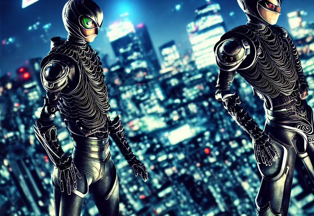 Prompt: large belted kamen rider dynamic pose, human structure concept art, human anatomy, full body hero, intricate detail, hyperrealistic art and illustration by a. k. a limha lekan a. k. a maxx soul and alexandre ferra, global illumination, blurry and sharp focus, on future tokyo night rooftop, frostbite engine