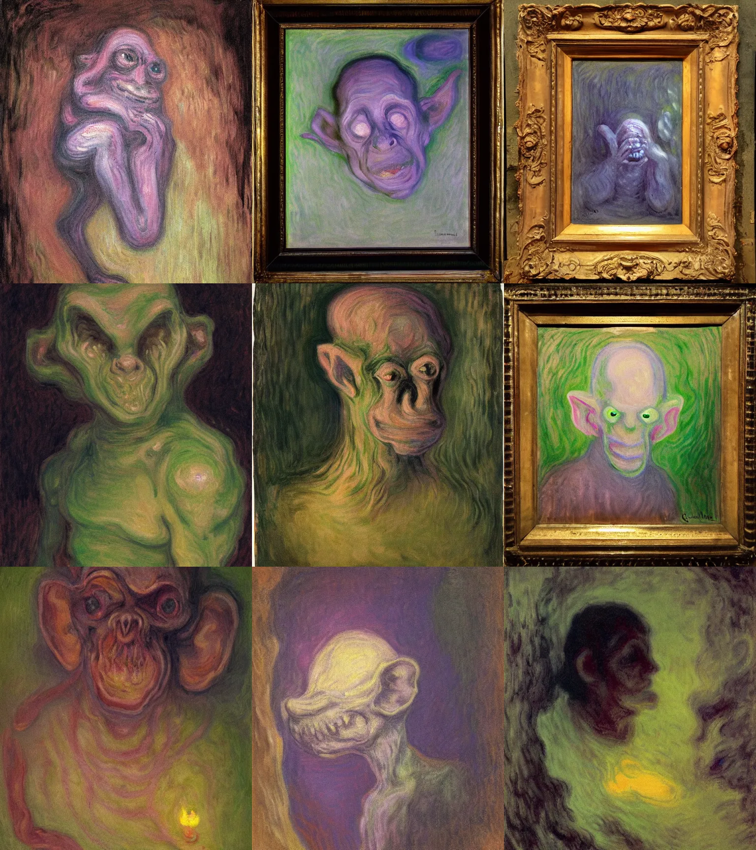 Prompt: portrait of a weird nasty fleshy slimy goblin creature in a dark cave, torchlight, impressionist painting, claude monet, pale pastel colours, dreamy hazy