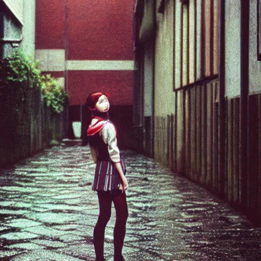 Image similar to 1990s perfect 8K HD professional cinematic photo of close-up japanese schoolgirl posing in sci-fi dystopian alleyway at morning during rain, at instagram, Behance, Adobe Lightroom, with instagram filters, depth of field, taken with polaroid kodak portra