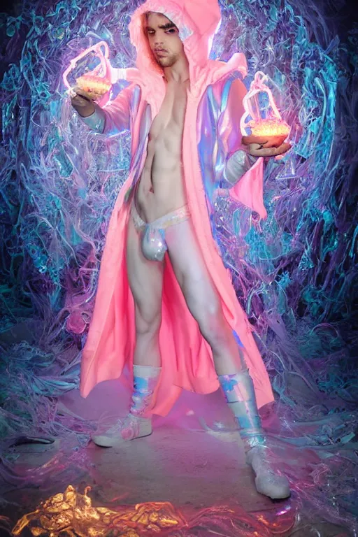 Image similar to full-body rococo and cyberpunk delicate neon crystalline sculpture of ((young muscular albino prince Joe Jonas)) as an iridescent humanoid deity wearing ((peach plastic hooded cloak)) (holding a human skull) in a white castle dungeon, reclining, glowing pink face, crown of (pink lasers), large blue diamonds, swirling black silk fabric. futuristic elements. oozing glowing liquid, full-length view. space robots. intricate artwork by caravaggio. Trending on artstation, octane render, cinematic lighting from the right, hyper realism, octane render, 8k, depth of field, 3D