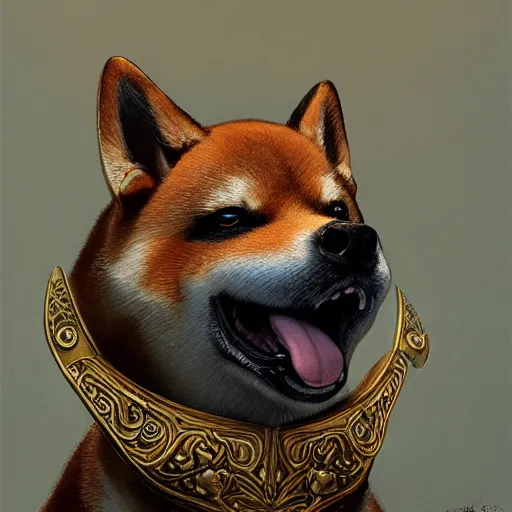Prompt: detailed photorealistic painting of a shiba inu, wearing a highly detailed ornamented bronze „viking helmet with two horns“, sharp focus in the style of ruan jia, Mandy jurgens, cinematic light, concept art, trending on artstation, ultra realistic