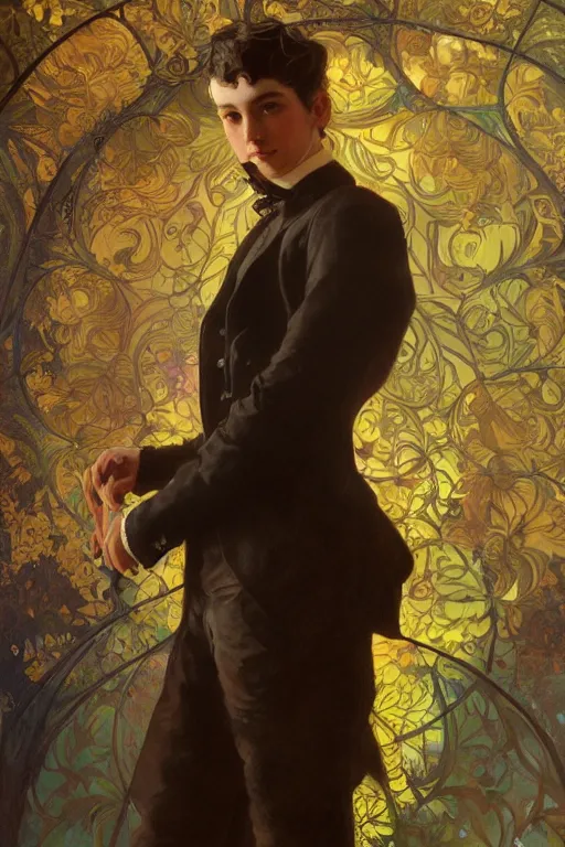 Image similar to an intricate artistic pose painting of a beautiful young victorian gentleman with an artistic pose wearing a beautiful victorian suit, hyper detailed, octane render, vivid colors, artstation, by jeremy mann, alphonse mucha, by boris vallejo