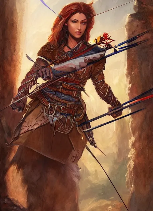 Image similar to female archer hunter, ultra detailed fantasy, dndbeyond, bright, colourful, realistic, dnd character portrait, full body, pathfinder, pinterest, art by ralph horsley, dnd, rpg, lotr game design fanart by concept art, behance hd, artstation, deviantart, hdr render in unreal engine 5