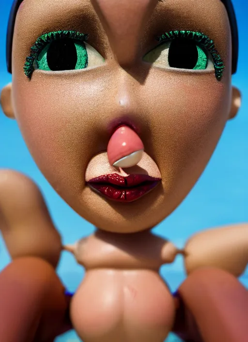 Image similar to closeup profile portrait of tin toy bikini girl beach, depth of field, zeiss lens, detailed, symmetrical, centered, fashion photoshoot, by nicoletta ceccoli, mark ryden, lostfish, breathtaking, 8 k resolution, extremely detailed, beautiful, establishing shot, artistic, hyperrealistic, octane render