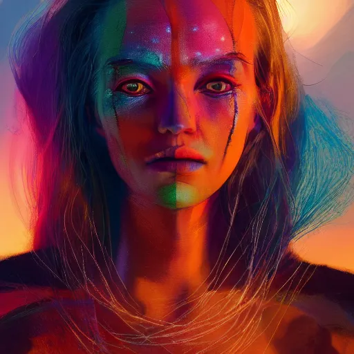 Image similar to colorful character portrait of a woman in a dark desert lit by the stars, wispy smoke, highly detailed face, very intricate, symmetrical, cinematic lighting, award - winning epic painting, painted by mandy jurgens, pan futurism, lumion render, dystopian, bold colors, dark vibes, cyberpunk, groovy vibe, anime aesthetic, featured on artstation