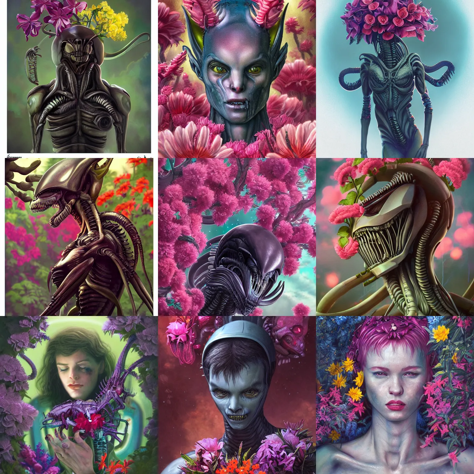 Prompt: a detailed photo of a xenomorph by zach sutton and tom bagshaw, xenomorph surrounded by colorful flowers, 2 4 mm lens, deviantart, 8 k, pinterest, featured in alien movie franchise