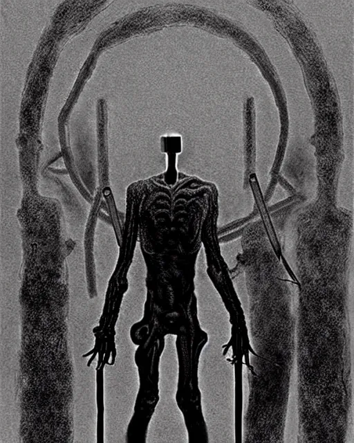 Image similar to full-body creepy realistic central composition, a decapitated soldier with futuristic elements. he welcomes you into the fog with no head, dark dimension portal, empty helmet inside is occult mystical symbolism headless full-length view. attendants watching, standing in ancient gate eldritch energies disturbing frightening eerie, uneasy atmosphere, artwork by Salvador Dali and Junji Ito