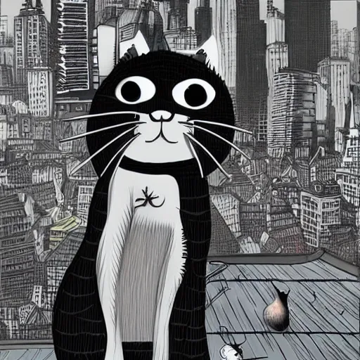 Prompt: a cat on a rooftop in a city by tim burton