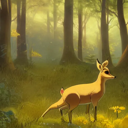 Image similar to concept art painting of an anthropomorphic chubby doe wearing yellow dress, in the deep forest, realistic, detailed, cel shaded, in the style of makoto shinkai and greg rutkowski and james gurney