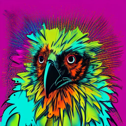 Image similar to illustration of cyberpunk raven, colorful splatters, by andy warhol and by zac retz and by kezie demessance