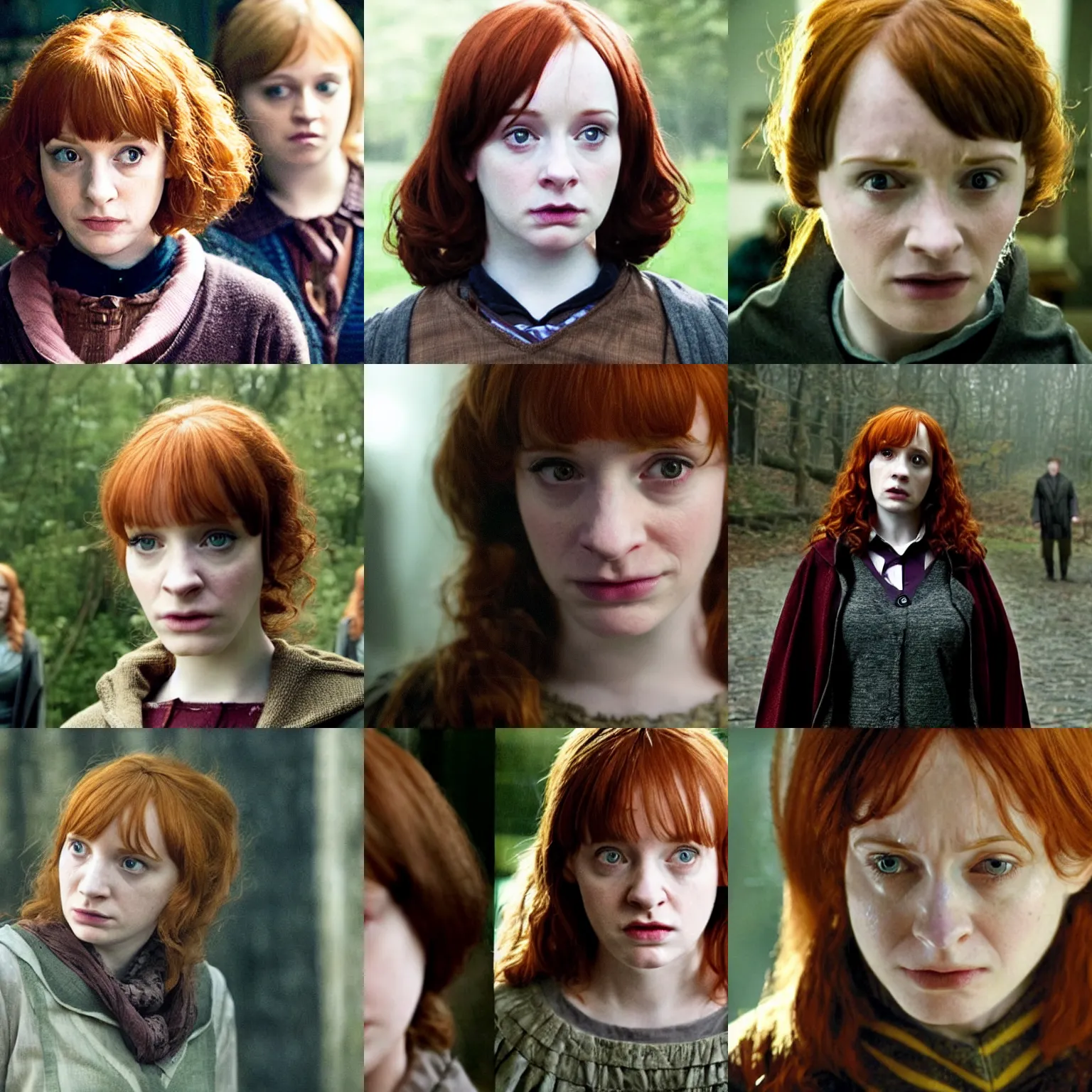 Prompt: sad female harry potter played by young christina hendricks, movie still from harry potter deathly hallows by david yates, defined facial features, symmetrical facial features.