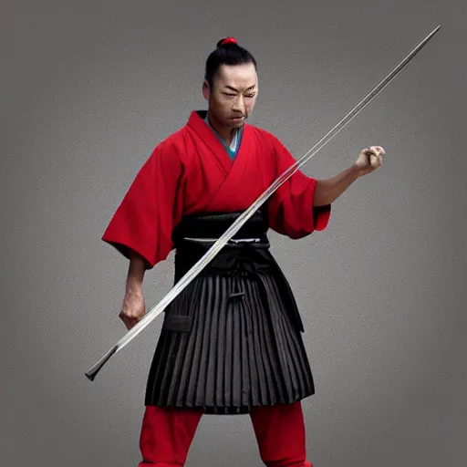 Prompt: Samurai master standing with holding sword , realistic photo illustration