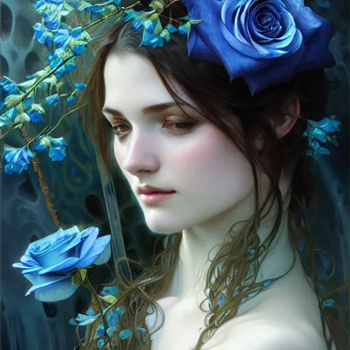 Image similar to A young woman holding two blue roses behind a waterfall, face, fantasy, intricate, elegant, highly detailed, digital painting, artstation, concept art, smooth, sharp focus, illustration, art by Krenz Cushart and Artem Demura and alphonse mucha