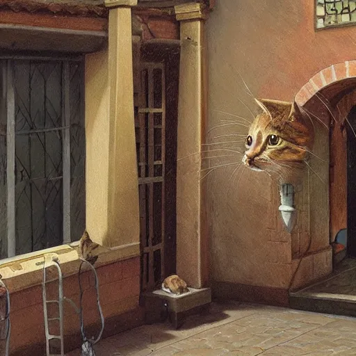 Image similar to detailed face of an intelligent scholarly cat with kind eyes in a architectonic victorian courtyard at a science expo, atmospheric, ambient, pj crook, syd mead, livia prima, artgerm, greg rutkowski, nick alm, casey baugh