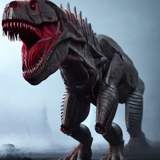 Prompt: giant cyborg t-rex with red eyes, photorealistic, detailed, realism, studio lighting, mist, dramatic, octane render, award winning render, unreal engine, octane render