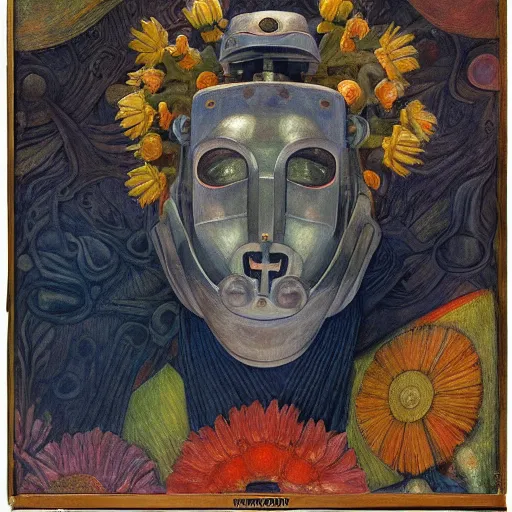 Image similar to a robot wearing a mask made of folwers, by annie swynnerton and diego rivera and nicholas roerich and jean delville, symbolist, dramatic lighting, elaborate geometric ornament, art brut, soft cool colors, smooth, sharp focus, extremely detailed, adolf wolfli and donato giancola