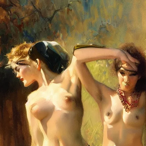 Prompt: white trash girls, golden age, painting by gaston bussiere, craig mullins, j. c. leyendecker, tom of finland