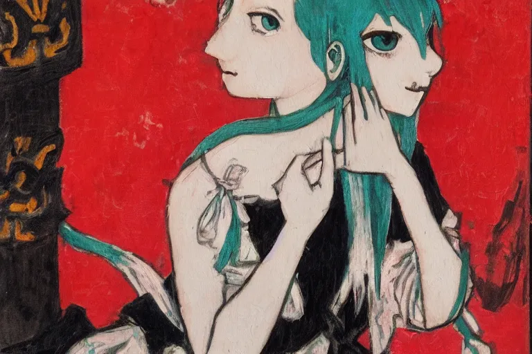 Image similar to A very soft and dark haunting oil painting of Hatsune Miku in a black ornate wedding dress, scarlet background, by Oskar Kokoschka, ethereal, evil presence, haunted painting