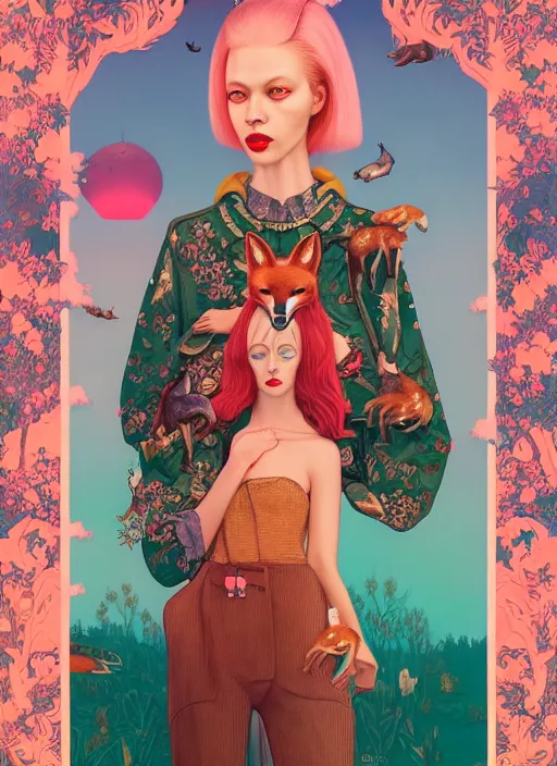 Image similar to pretty model with foxes : : by martine johanna and simon stalenhag and chie yoshii and casey weldon and wlop : : ornate, dynamic, particulate, rich colors, intricate, elegant, highly detailed, vogue, harper's bazaar art, fashion magazine, smooth, sharp focus, 8 k, octane render,