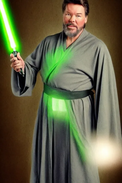 Prompt: photorealistic!! actor jonathan frakes as a jedi knight, olive jedi robe, holding a green lightsaber, film quality