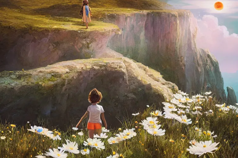 Prompt: giant white daisy flower crown over the head, girl standing on cliff, surreal photography, solar eclipse, milky way, dramatic light, impressionist painting, clouds, digital painting, artstation, james gilleard, liam wong, jeremy mann, simon stalenhag