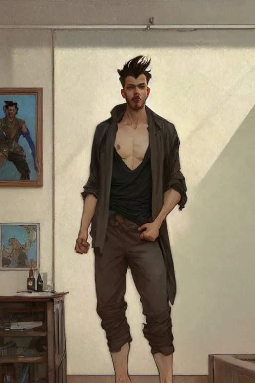 Image similar to full body portrait of a single beautiful young fit man, modern haircut, open shirt, large pants, bare feet, by greg rutkowski and alphonse mucha, d & d character, in front of a modern room background, highly detailed portrait, digital painting, artstation, concept art, smooth, sharp focus ilustration, artstation hq