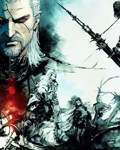 Image similar to witcher boxart by yoji shinkawa and yoji shinkawa and yoji shinkawa and yoji shinkawa