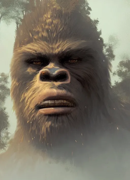 Image similar to highly detailed portrait of bigfoot, unreal engine, cinematic light, warm, fantasy art by greg rutkowski