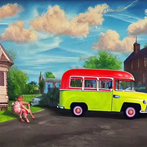 Image similar to digital matte glossy painting nostalgic 1 9 5 0 s ice cream truck, summer day concept art, vivid cloudy sky, children and village britain, detailed in the style of trevor mitchell