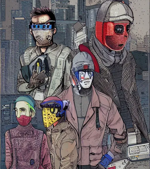 Image similar to a cyberpunk man with a patchwork face of various people, techwear, Industrial Scifi, detailed illustration, character portrait, by Martin Grip and Moebius