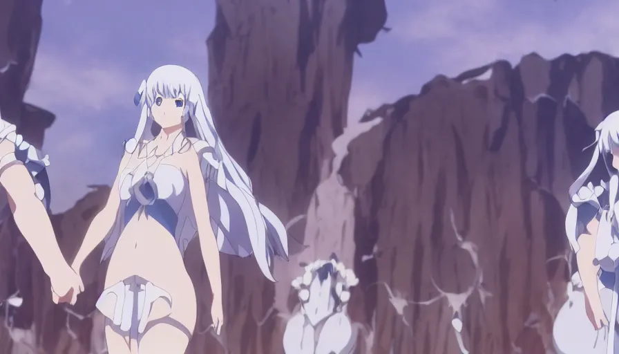 Image similar to Danmachi Hestia holding hands with Bell Cranel at dawn • cinematic anime screenshot by the Studio JC STAFF