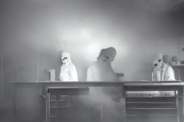 Image similar to experiment, laboratory, 1985, creepy, haunted, fog, atmospheric