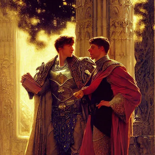 Image similar to stunning arthur pendragon in love with stunning male merlin the mage. they are close to each other. highly detailed painting by gaston bussiere, craig mullins, j. c. leyendecker