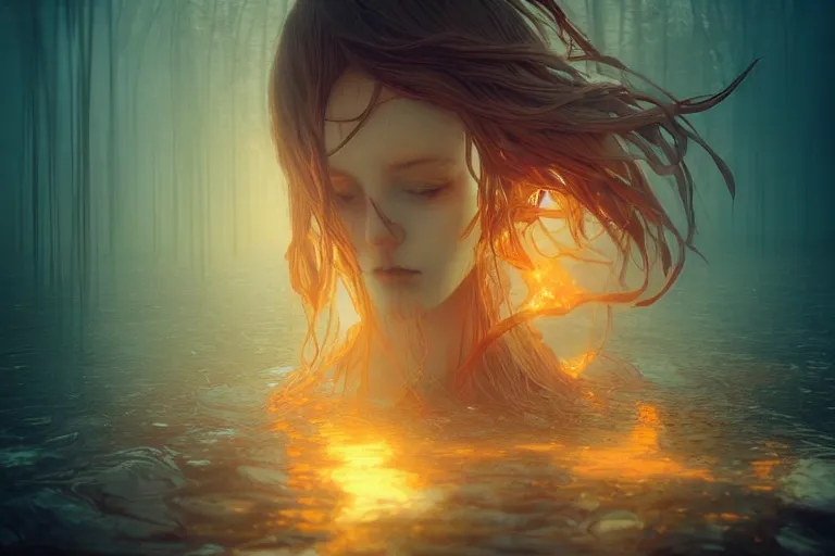 Image similar to ocean of canvas that catches firel, magical, concept art, art nouveau, Reylia Slaby, Peter Gric, trending on artstation, volumetric lighting, intricate, ornate, CGsociety