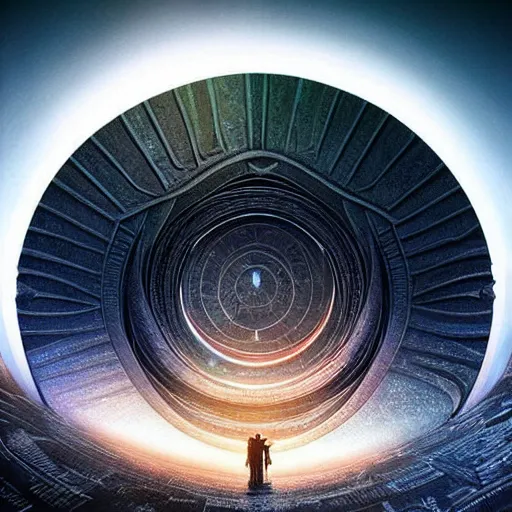 Image similar to stargate made of stone that form a circle, cinematic view, epic sky by android jones