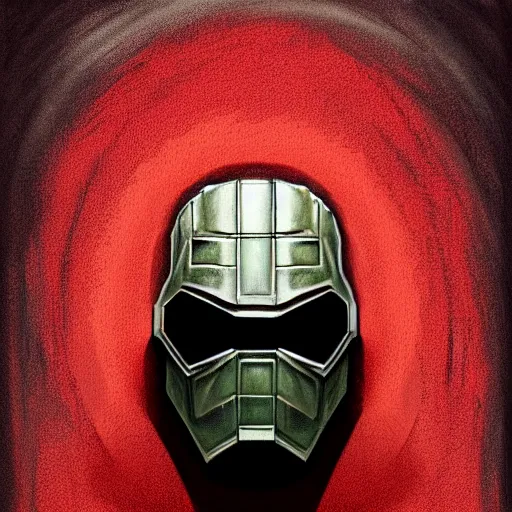 Image similar to portrait of mf doom, dr. doom metal steel mask, dark skin underneath. red t - shirt, beige complex background, intricate, elegant, highly detailed, digital painting, artstation, concept art, smooth, sharp focus, illustration, by anato finnstark, boissb - blanca. j, cindy avelino, clint cearley, anna podedworna