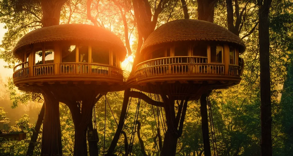 Prompt: A scene from a 2022 fantasy film featuring a cozy art nouveau reading nook inside a treehouse in a fantasy city. Suspended walkways. Disorganized ancient books. Golden Hour. 8K UHD.